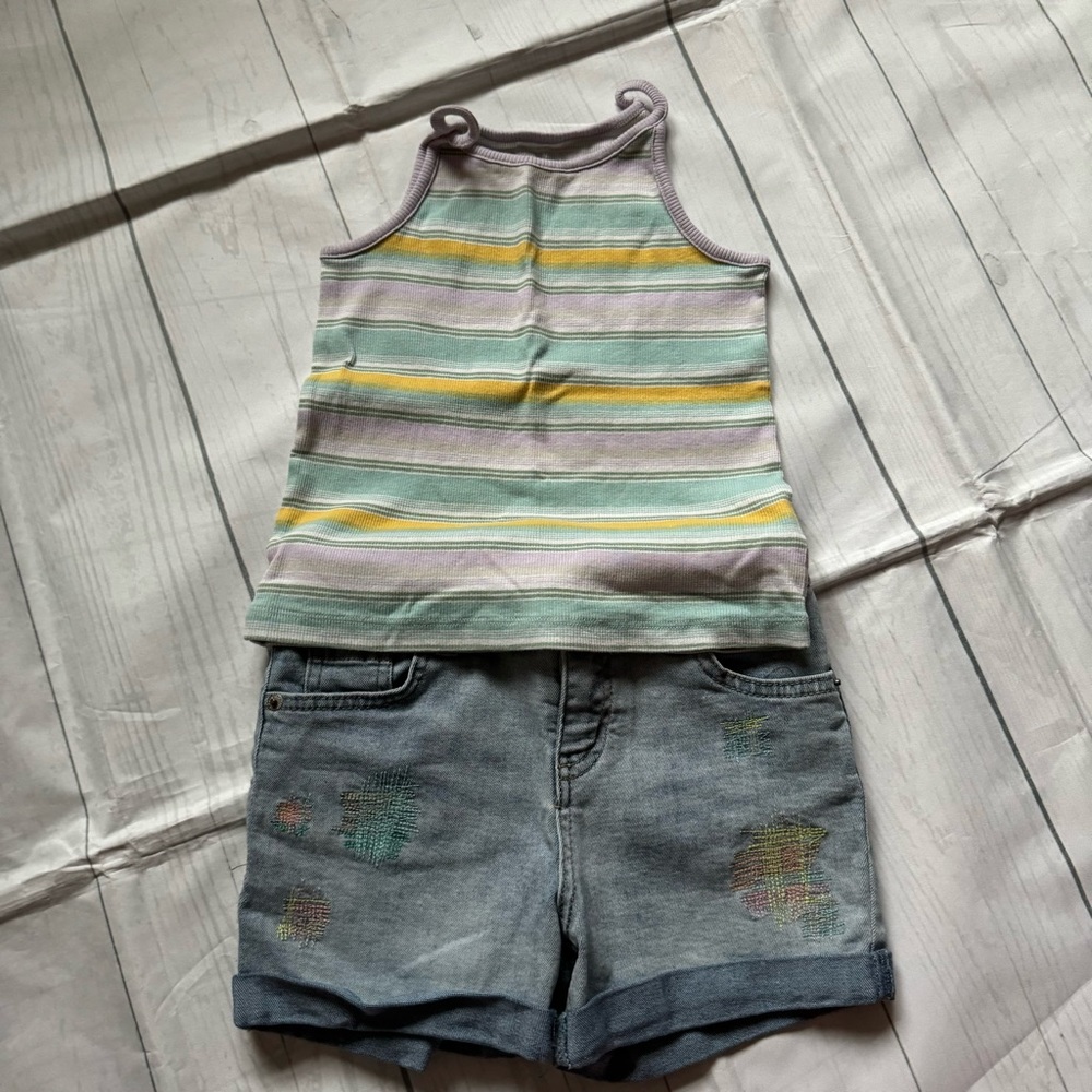 OshKosh Size 7 Striped Tank Top & Cat & Jack Denim Shorts w/ Stitching Size 7/8